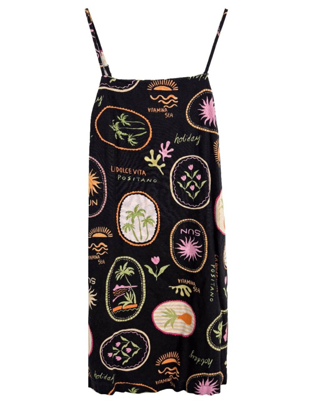 Monteau Womens Graphic Vacation Dress Black Strappy Mediterranean Size Small